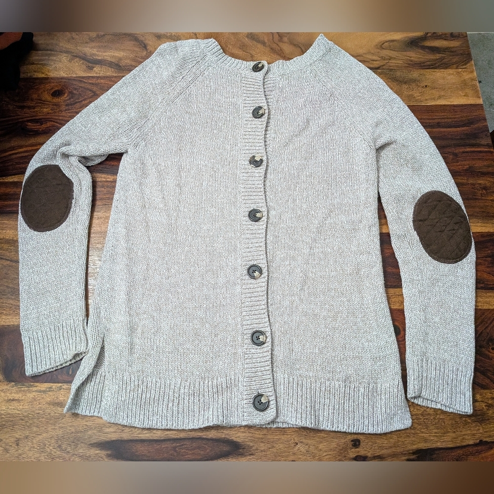 Market & Spruce Beige Cardigan with Brown Elbow Patches